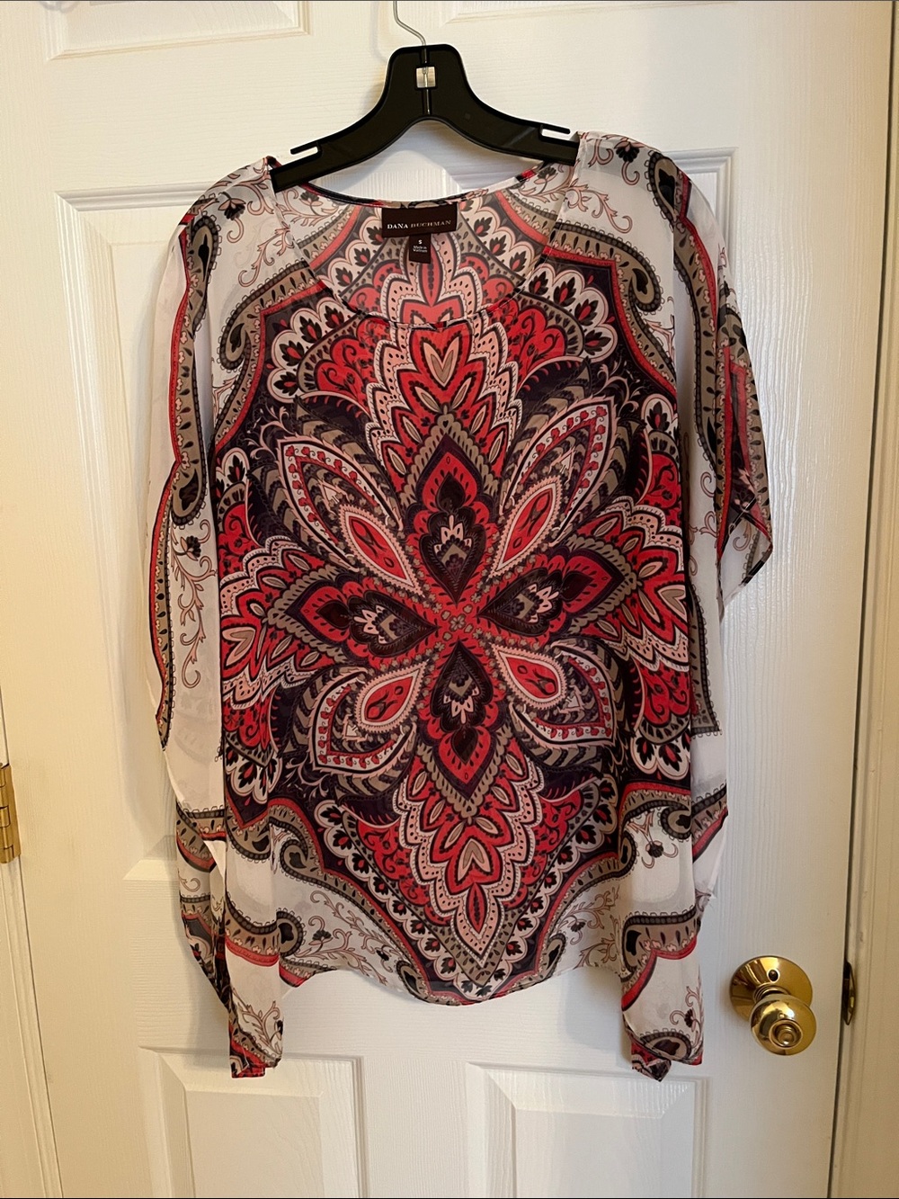 Dana Buchman Red and Black Paisley Medallion Blouse poncho. Sheer.